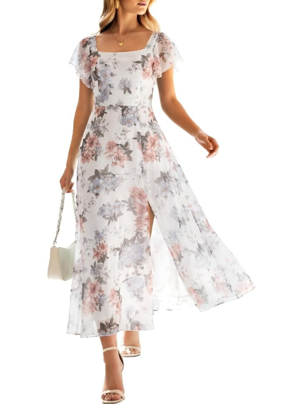 Women's Pink Peony White Square Neck Floral Tulle Wedding Guest Midi Dresses